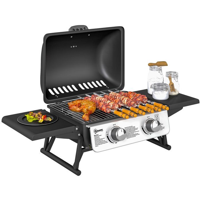 Barbacoa de gas portátil de sobremesa - Outsunny - 2 quemadores 5,6 kW - con mesas laterales, tapa y termómetro - negra