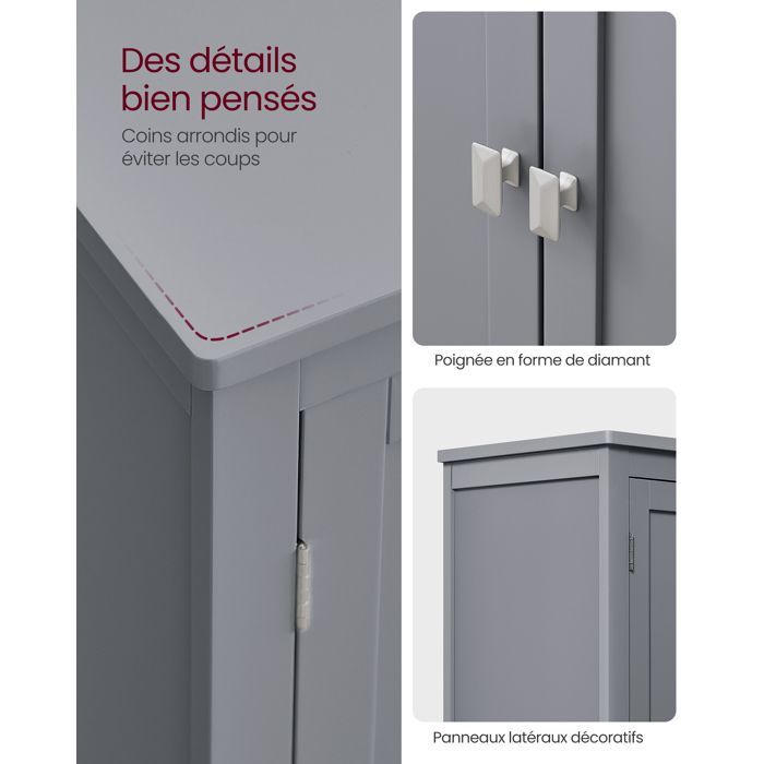 VASAGLE Armoire de Salle de Bain, Meuble de Rangement, Placard de Cuisine avec 4 Portes, Étagères Réglables, 30 x 60 x 110 cm, Gris