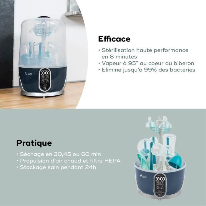 Babymoov Turbo Pure Stérilisateur Biberons Vapeur Electrique 2 en 1, Sèche Biberons, En 6 min Chrono