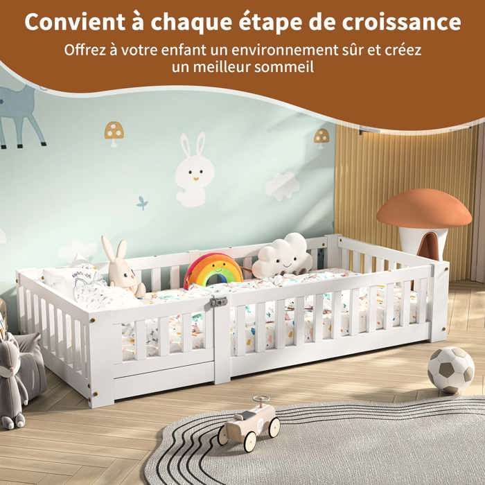 Letto a pavimento 90x190 cm, letto Montessori per bambini con sponda di sicurezza e rete a doghe, in legno massello di pino, letto singolo a castello, bianco