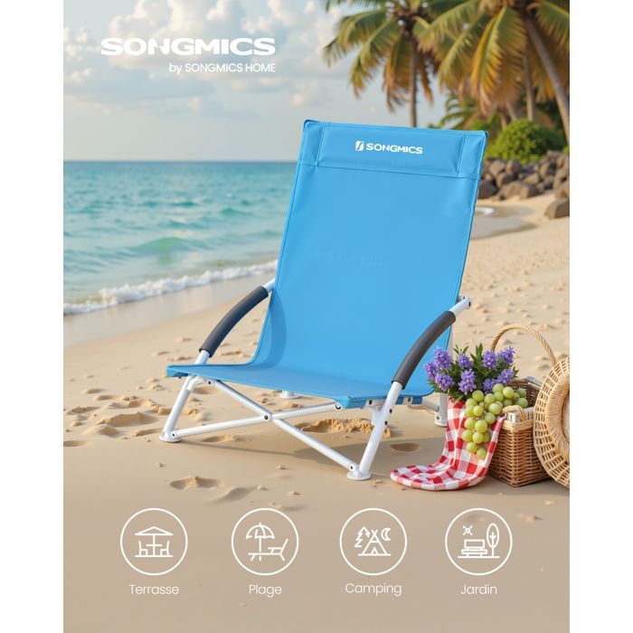 Silla de playa plegable SONGMICS - Respaldo alto - Ligera - Capacidad de carga de 150 kg - Azul