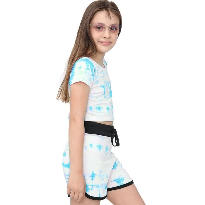 Children's Tie-Dye Crop Top and Shorts Set, Blue Summer Sportswear for Girls and Boys, Ages 5-13 Years