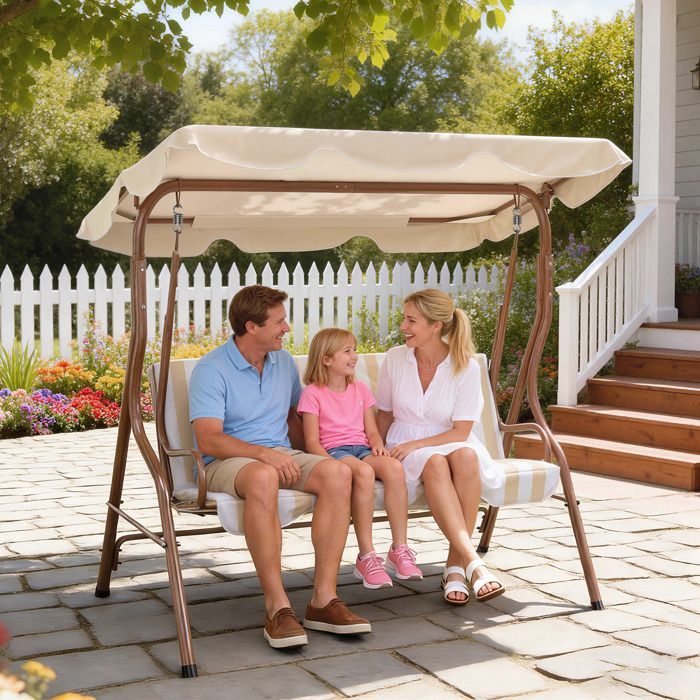 Balanço de jardim - Outsunny - 3 lugares - Toldo impermeável - Inclinação ajustável - Almofadas para assento e encosto - Listrado em tons de marrom e creme