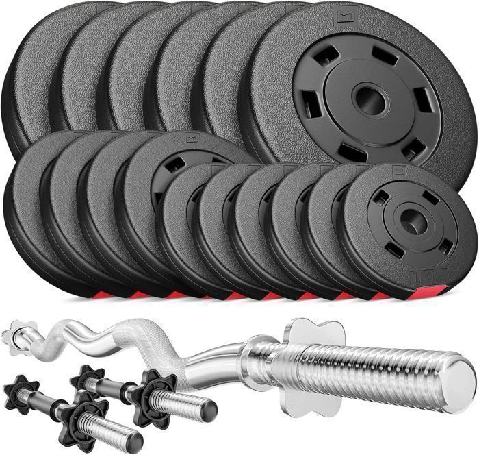 Hop-Sport halterset 56 kg, lange stang maat 120 cm, korte stangen 45 cm, gewichtsschijven 6x5 kg, 4x2,5 kg, 6x1,25 kg