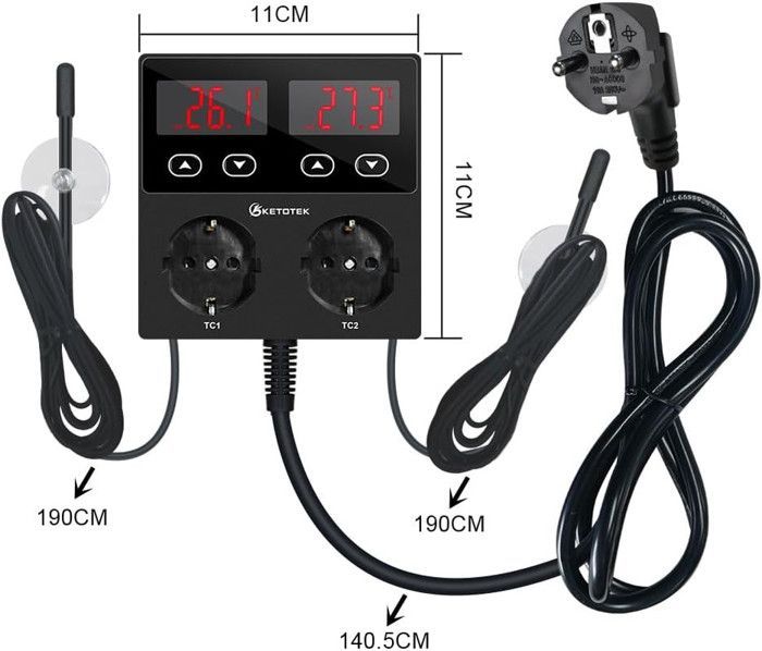 KETOTEK KT99pro Dual Output Digital Temperature Controller 10A Relay Heating Cooling Thermostat Controlled Plug
