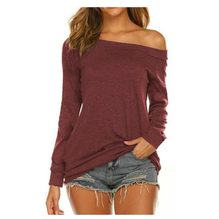 T-Shirt Femme Épaules Dénudées Manches Longues Col Bateau Casual Tee Shirt Lache Couleur Unie - Rouge