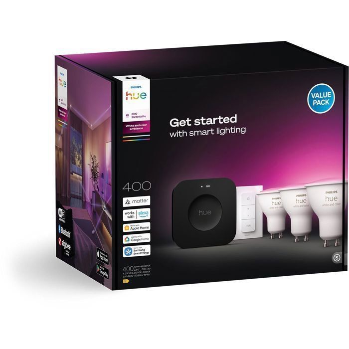 Starter Kit - PHILIPS HUE - White Light and Colored Ambiance - 1 Bridge Pro + 3 GU10 400 lumen spotlights + 1 dimmer switch