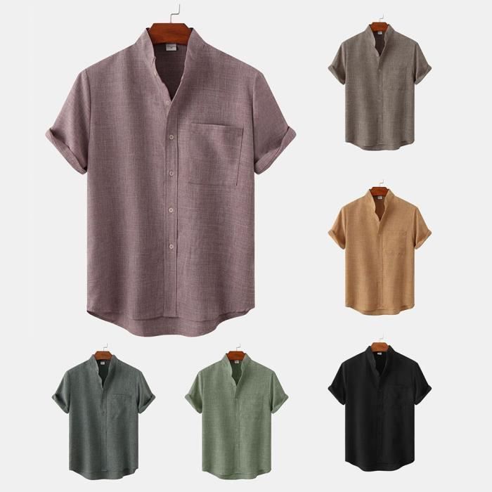 Camisa de verano para hombre de algodón y lino, transpirable, manga corta, corte regular - Verde claro - INSFITY