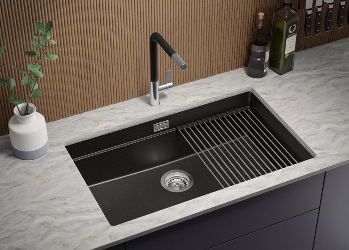 Primagran Prague 76x47cm inbouwspoelbak, 1 kom, granieten spoelbak + afvoerset + accessoires, volledig zwart