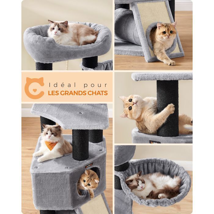 Árbol para gatos FEANDREA, 50 x 50 x 141 cm, postes de sisal gruesos, gris claro, plataforma XXL, hamaca, cueva grande para gatos, estable, gris