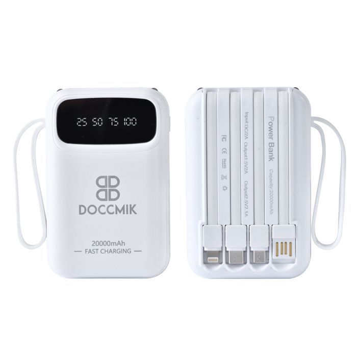 DOCCMIK 20000mAh Power Bank External Battery with 4 Integrated Cables, Portable Battery and LED Light, White