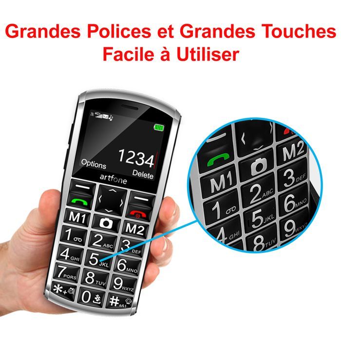 Artfone A400 Téléphone Portable 4G pour Seniors, Grandes Touches, Bouton SOS, Batterie 1800mAh, Station de Charge, Dual SIM, Blanc