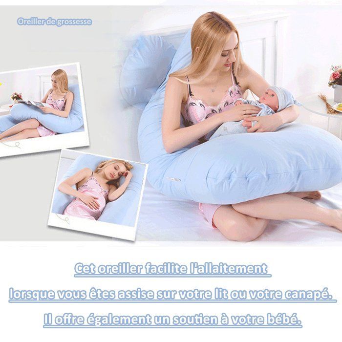 U-Coussin de Grossesse,Coussin d'allaitement,Housse Coton100%,Insert Amovible,Soutien Dos du Ventre des Jambes,70×130cm(Rose Bleu)