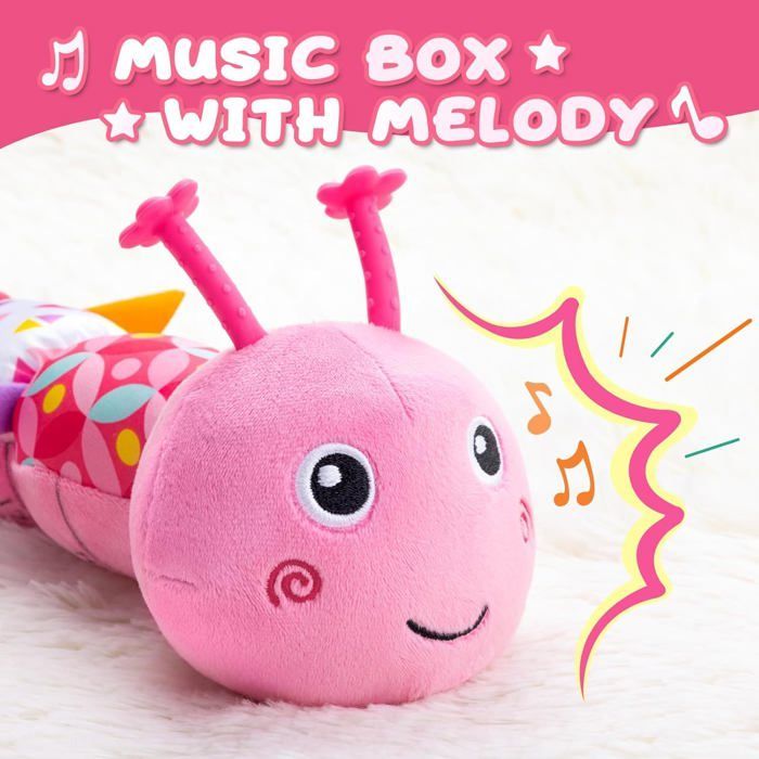 Oruga de peluche musical para bebés de 0 a 12 meses, multisensorial, con sonido crujiente, sonajeros y texturas, un compañero ideal.