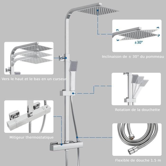 AICA Thermostatic Shower Column, 38°C Thermostatic Shower System, Height Adjustable for Bathroom, Chrome