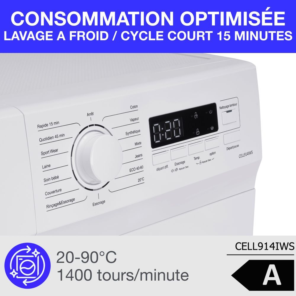 CONTINENTAL EDISON CELL914IWS Front-Loading Washing Machine - 9 kg - Width 59.5 cm - Energy Class A - 1400 rpm - Induction Motor - White