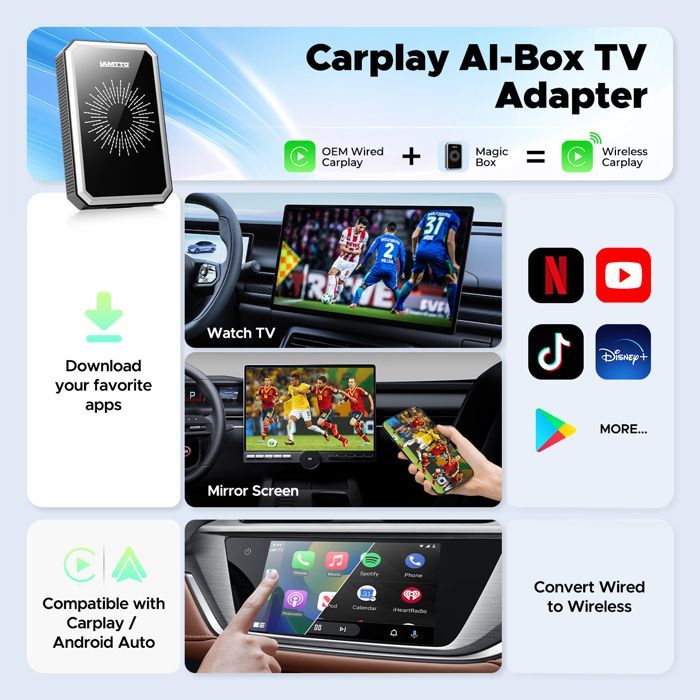Adaptador CarPlay sem fio CAMPARK AI-BOX para rádio de carro com Netflix, YouTube, vários aplicativos, Mirror Link, saída HDMI, 4G+32G