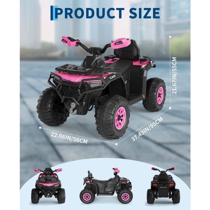 Quad 12V Voiture Electrique - 2 Moteurs 35W, Télécommande Parentale, LED, Musique, Bluetooth, USB, Drapeau Lumineux ， 3+ Ans-Rose