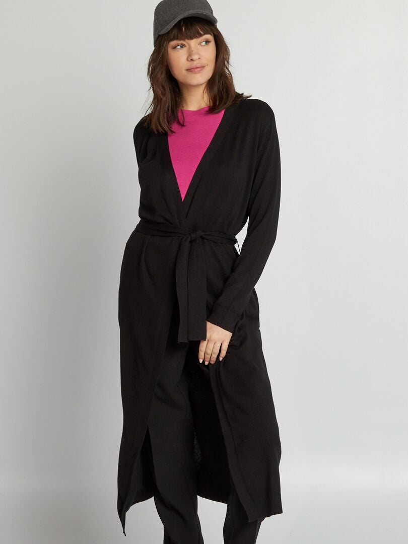 Extra lange cardigan met ceintuur - ZWART