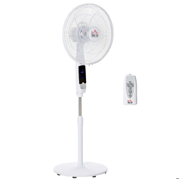 Ventilador de pedestal potente - HOMCOM - altura regulable - mando a distancia, 3 velocidades, oscilación y temporizador - Blanco