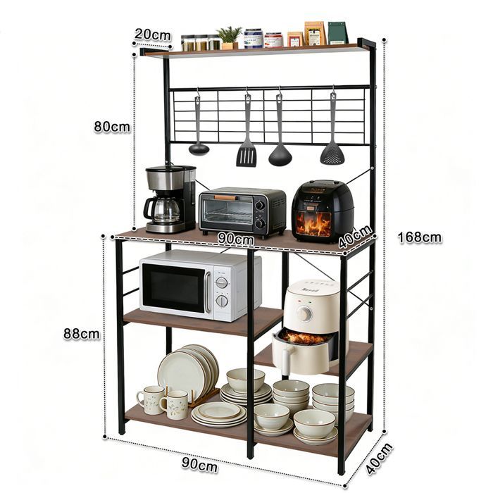 Estantería de cocina multinivel con ganchos - YIYI - 90*40*168CM - Marrón + Blanco