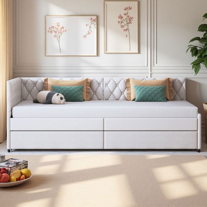 Canapé-Lit Clic-Clac 90x200 cm Déplié 180x200 cm - Velours Beige - Convertible Design Losange Capitonné