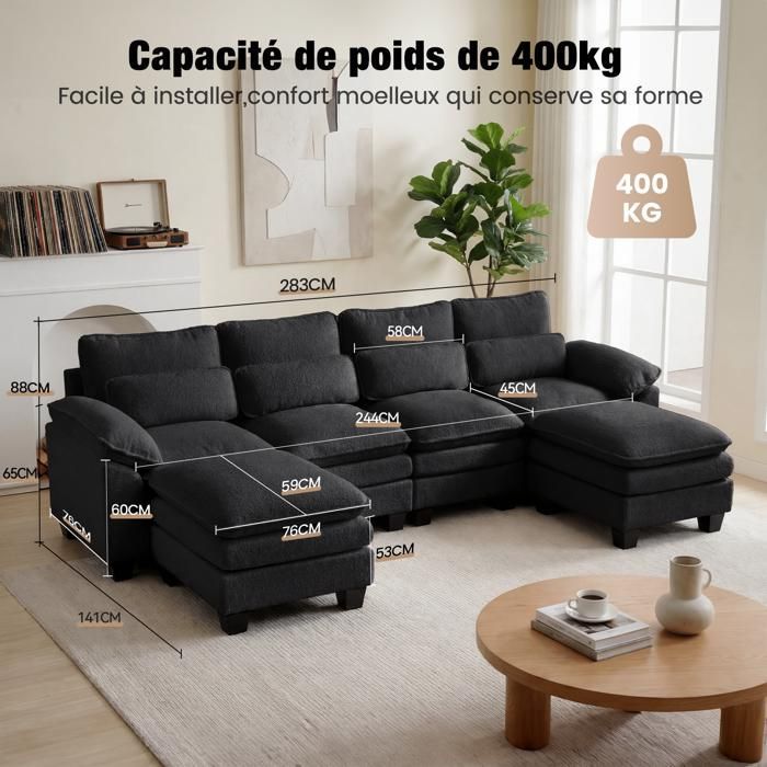 Extra-large modular U-shaped corner sofa, double-layer cloud seat cushion, 2 removable ottomans, black teddy velvet fabric