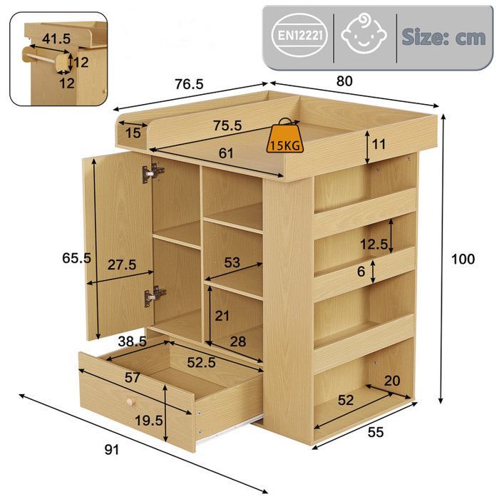 Table à langer avec 3 tiroirs, espace de rangement, Commode à Langer étagères réglables et zone à langer avec séparateurs,naturelle