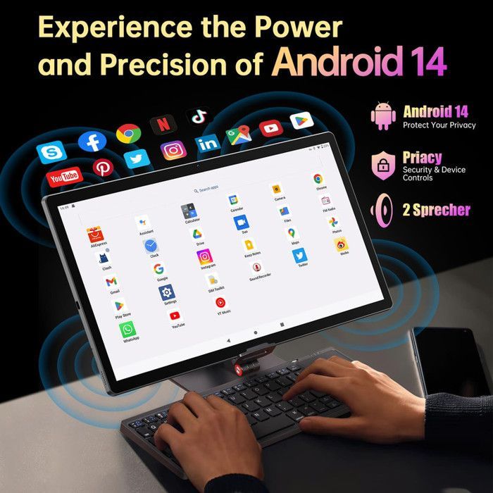 Tablet MESWAO de 15,6 polegadas com Android 14, 12 GB de RAM + 256 GB de ROM, bateria de 12000 mAh, Bluetooth 5.0, Wi-Fi 2.4G/5G e câmera de 32 MP.