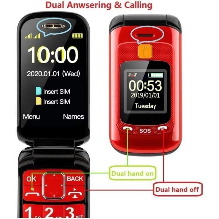 Téléphone Portable Mobile senior pour Personnes âgées Dual LCD Écran avec Grandes Touches | Bouton SOS -Rouge