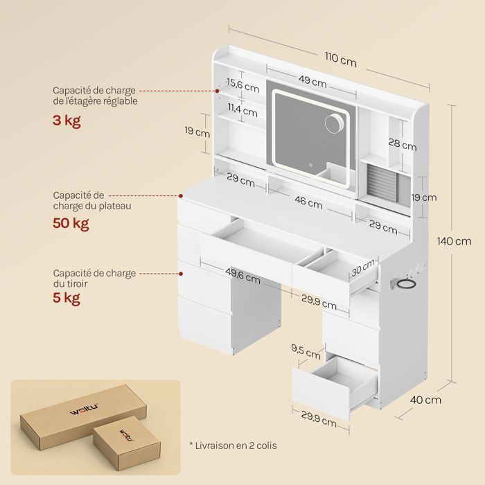 Coiffeuse avec Miroir LED Coulissant et Multiprise - WOLTU Grande Coiffeuse avec 9 Tiroirs - Blanc
