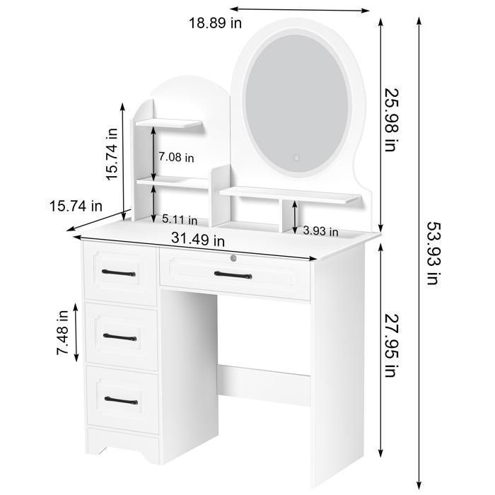 Coiffeuse avec miroir LED - Moderne - 4 tiroirs 6 compartiments  - 80x40x137cm - Blanc