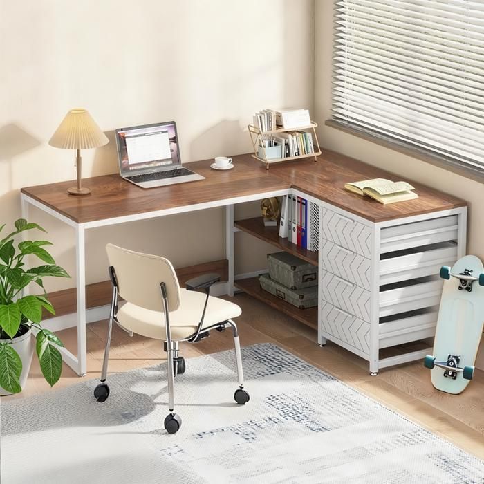 TOPESCT Reversible L-shaped corner desk with 4 drawers and 2 shelves for office, 155 x 110 x 75 cm, Walnut and white