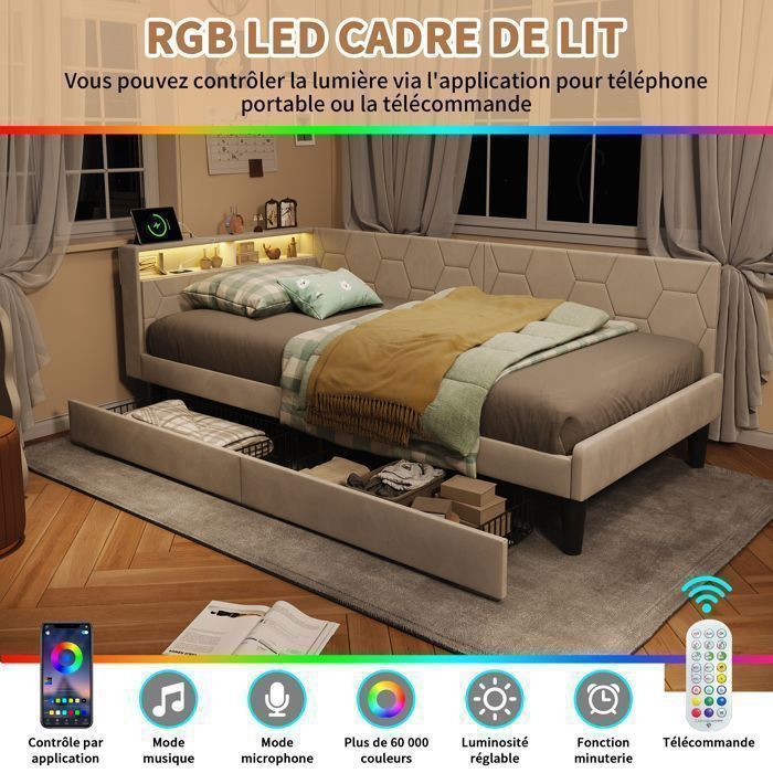 Canapé lit convertible - Clic Clac - Velours beige - Rangement 2 tiroirs & niche - LED RGB & USB Type-C