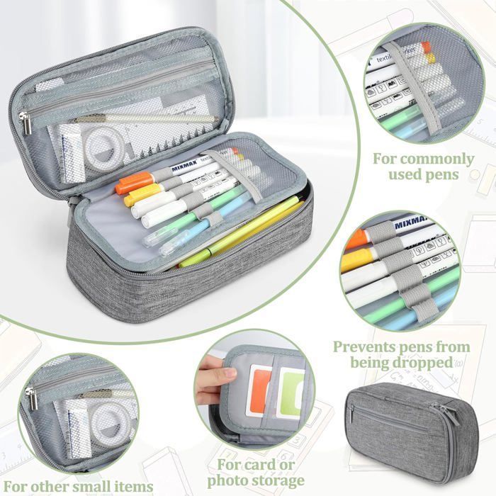 Pencil case, 5 compartments, large capacity, durable, for teens, adults, school, grey