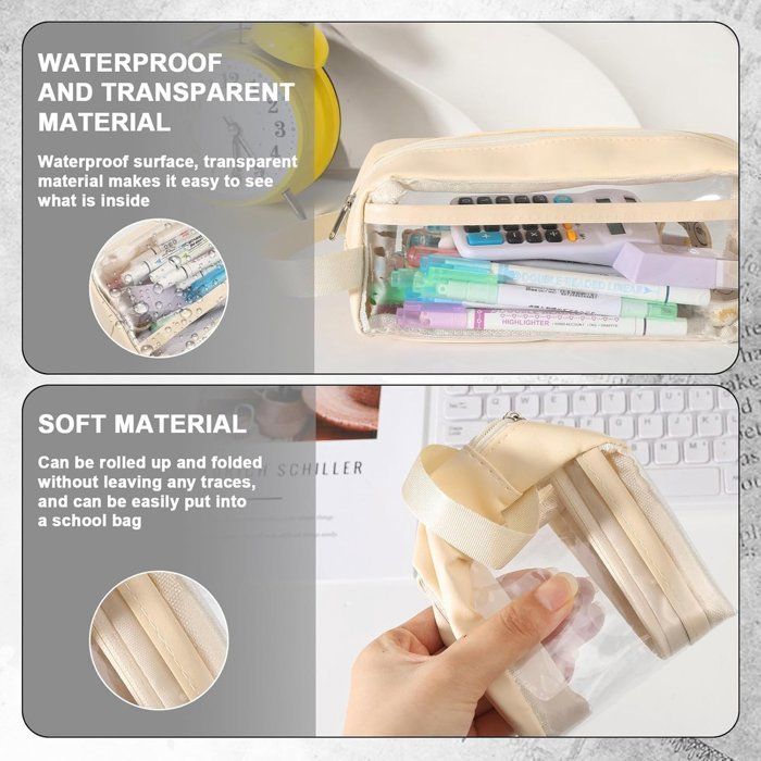 Set of 2 transparent waterproof pencil cases for school.