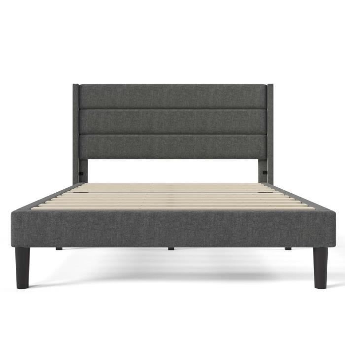 Lit adulte en tissu velours avec cadre de lit et tête de lit - MODERNLUXE - Gris foncé - A lattes - 140x200cm