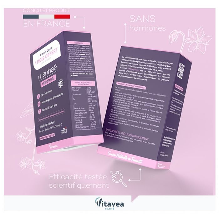 Vitavea Manhaé - Complemento alimenticio sin hormonas para la menopausia/premenopausia - Confort y bienestar - 120 cápsulas - Tratamiento de 4 meses