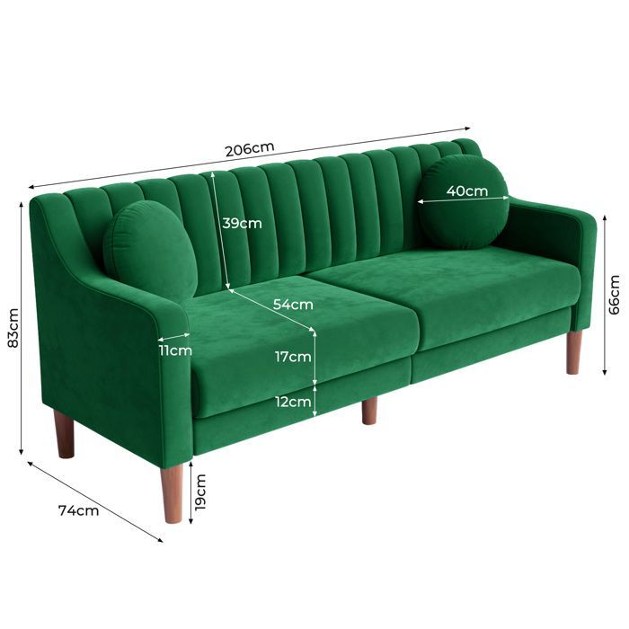 Large 3-Seater Velvet Sofa with 2 Pillows, Scandinavian Style Sofa for Living Room, Bedroom, Office, Solid Wood Legs, 206x74x83cm, Green