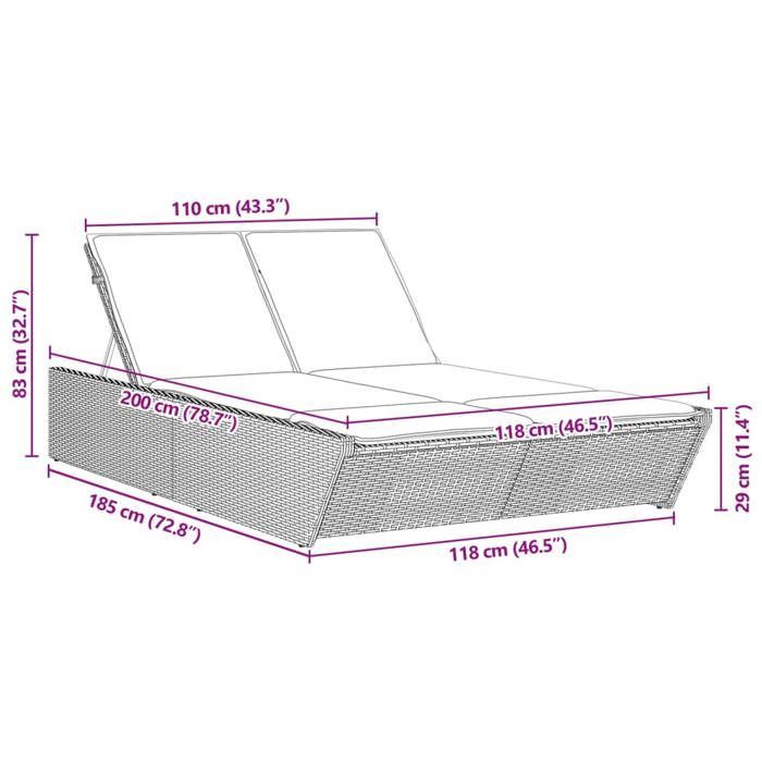 Tumbona doble vidaXL con cojines beige, resina de mimbre, cama de sol, tumbona reclinable, diván 368183