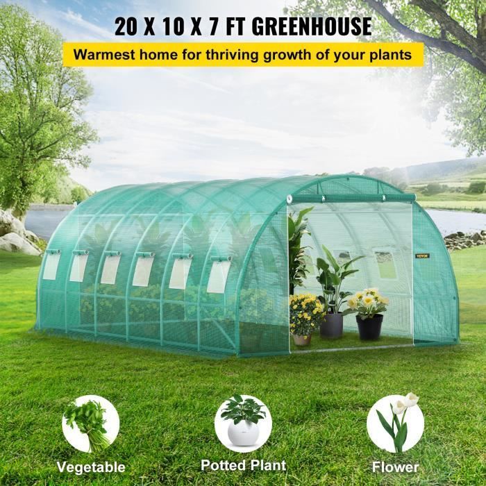 Serre de Jardin Tunnel - VEVOR - Serre Tunnel Cadre Galvanisé Couverture Étanche Plantes 6,1x3x2,1 m Vert