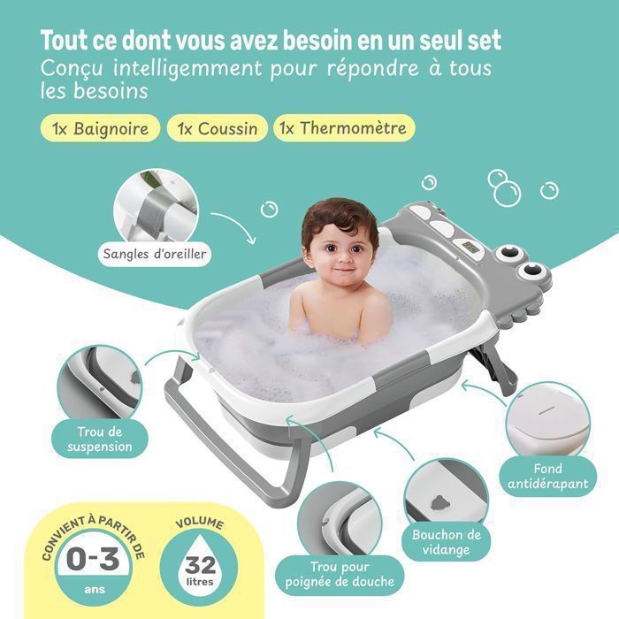 Bañera plegable para bebés con cojín, termómetro integrado y orificio de drenaje para bebés de 0 a 36 meses - Gris