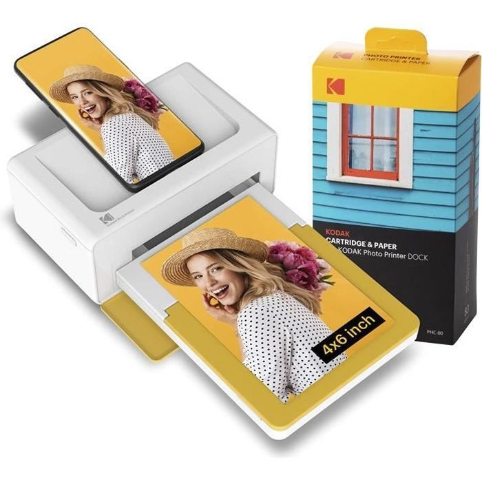 Kodak Dock Plus PD460, stampante fotografica portatile per smartphone, stampe fotografiche istantanee 10x15 cm, confezione da 90 fogli di carta fotografica.