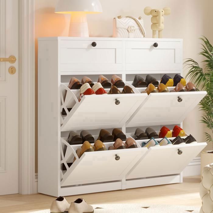 Zapatero - VOWNER - Mueble de almacenamiento de zapatos para recibidor - Zapatero - 100 x 105 x 24 cm - Blanco