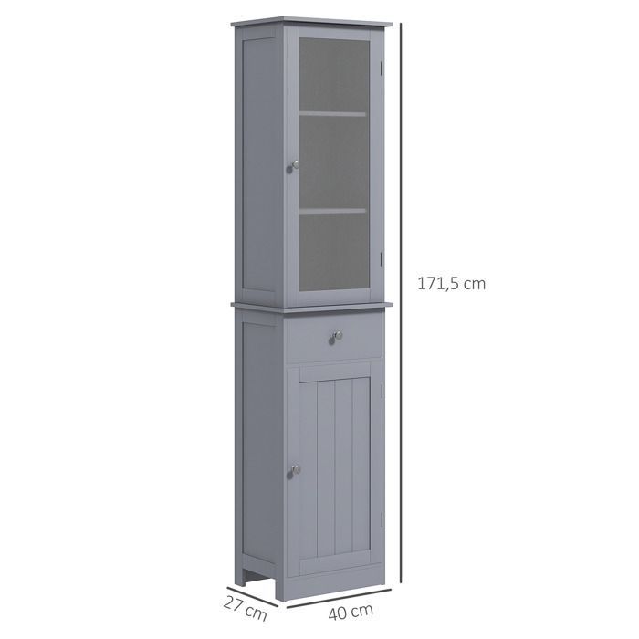 Meuble Colonne de Salle de Bain kleankin Placard Porte Acrylique 2 étagères Placard Porte 1 étagère tiroir MDF Gris