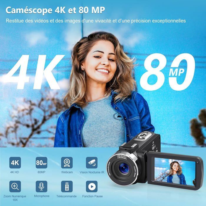 Videocámara 4K - ZGEER - 80 MP - Zoom digital 18x - Visión nocturna infrarroja - Pantalla IPS de 3 pulgadas - Cámara web