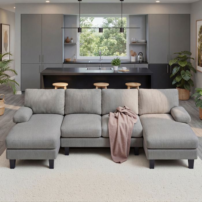 Panoramische hoekbank - Bealife - 4-zits - U-vorm - Corduroy - 2 chaise longues - Scandinavische stijl - Donkergrijs