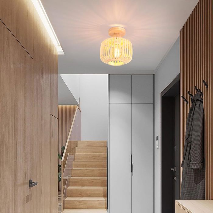 IDEGU Retro-Deckenleuchte aus Holz und Bambus, Industrie-Kronleuchter, E27-Fassung, Lampenschirm im Käfigdesign für Schlafzimmer, Wohnzimmer, Eingangsbereich