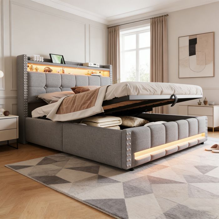 Cama con almacenamiento de 160 x 200 cm, cama de 160 x 200 cm con somier de láminas, cama doble tapizada, cama para 2 personas con somier de láminas de madera, ropa de cama gris claro