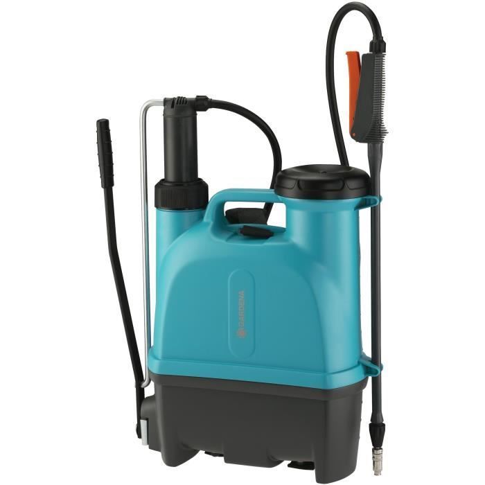 Pulverizador de mochila GARDENA de 12 litros con lanza telescópica y filtro integrado.